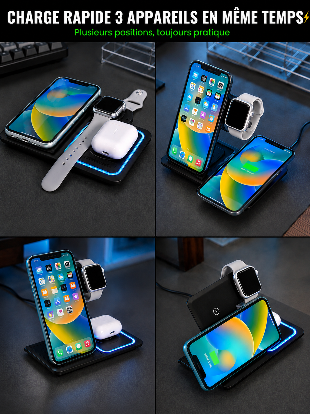 Station de charge rapide sans fil pliable 3 en 1